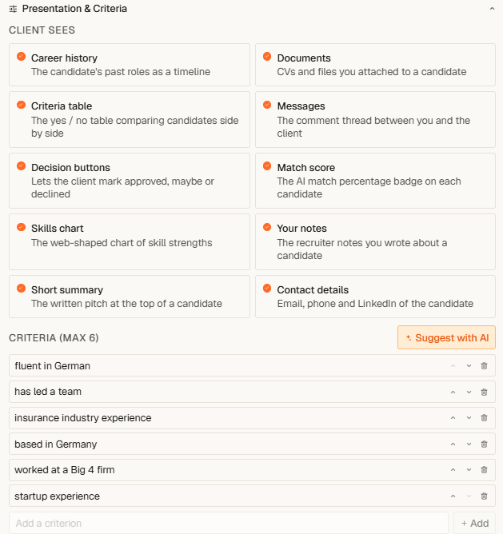 Presentation and criteria panel with visibility toggles and criteria list