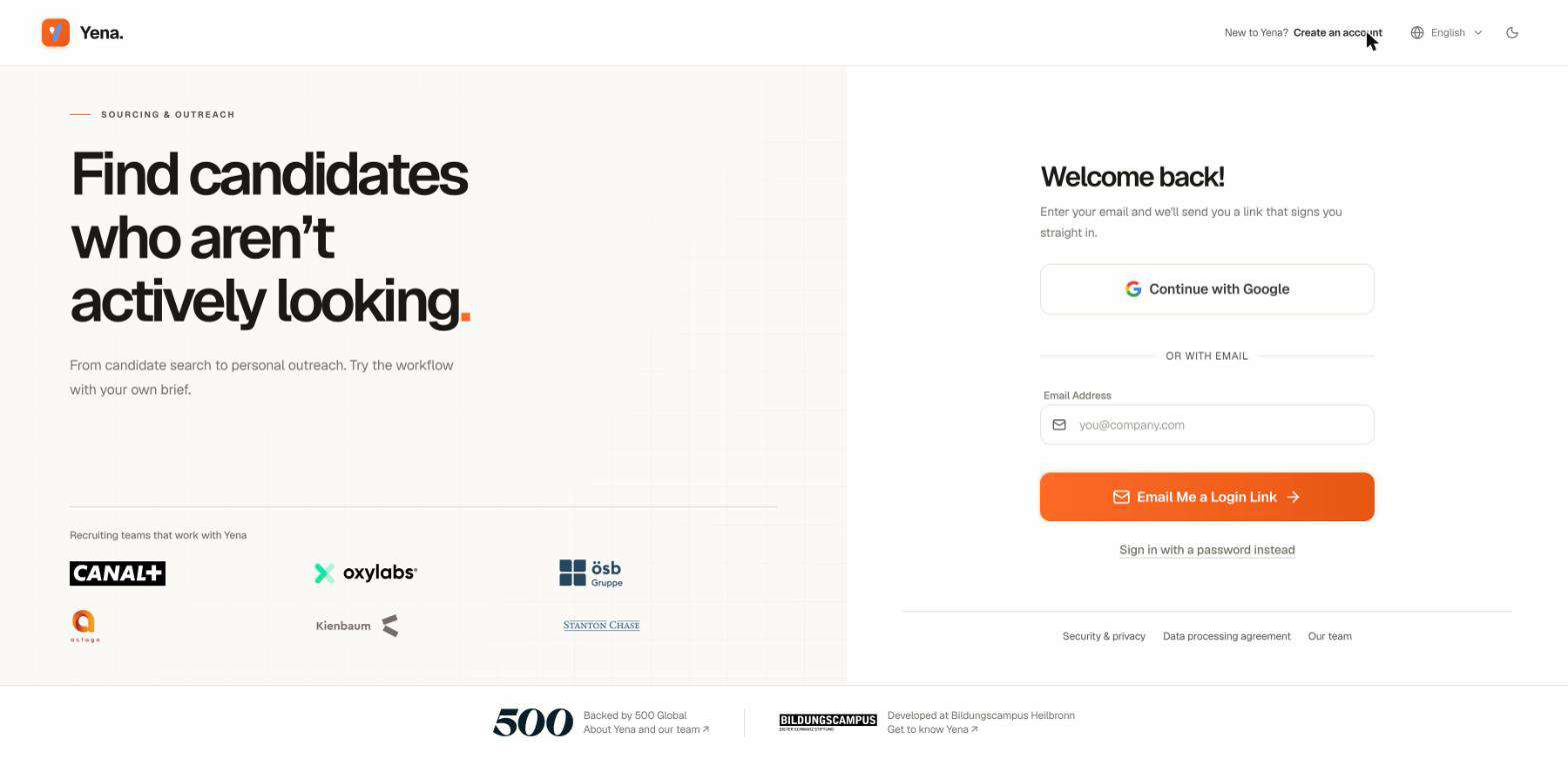 Yena sign-in page with the Email Me a Login Link button