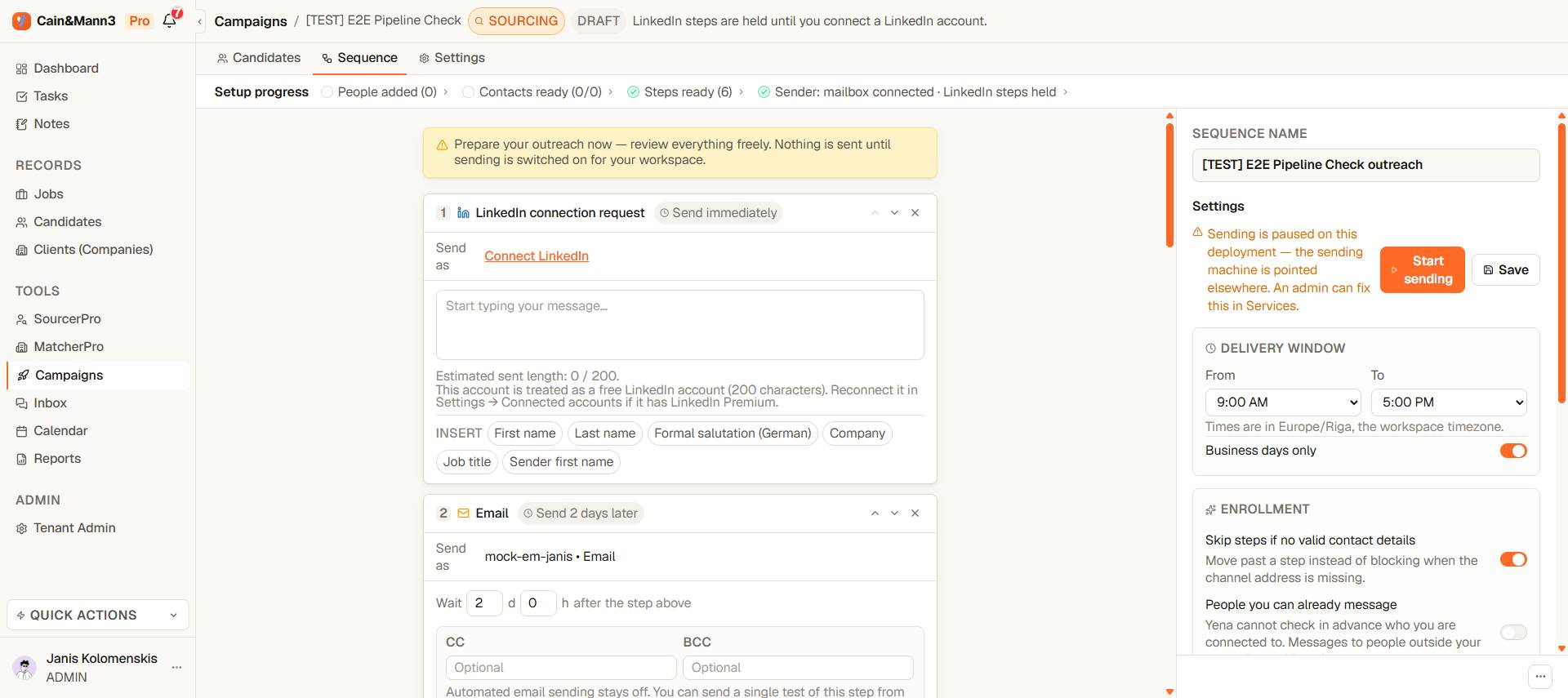 Sequenz-Editor in Yena mit den erzeugten Schritten: LinkedIn-Kontaktanfrage, dann E-Mail zwei Tage später