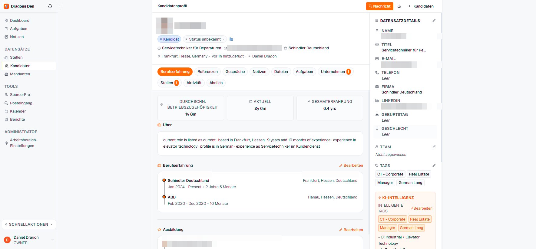 Candidate profile with tabs and record details