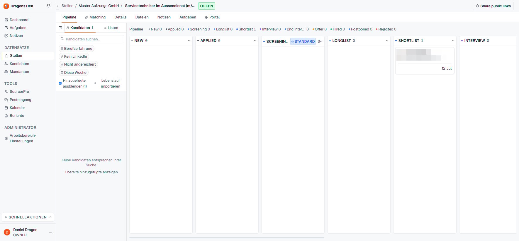 Job pipeline with stages and a candidate card