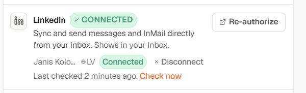 LinkedIn-Integration mit Connected, Re-authorize und Check now in Yena