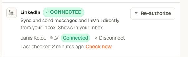 LinkedIn integration showing Connected, Re-authorize, and Check now in Yena