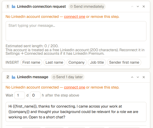 Sequenz-Editor mit Schritt 1 LinkedIn-Kontaktanfrage und Schritt 2 LinkedIn-Nachricht einen Tag später