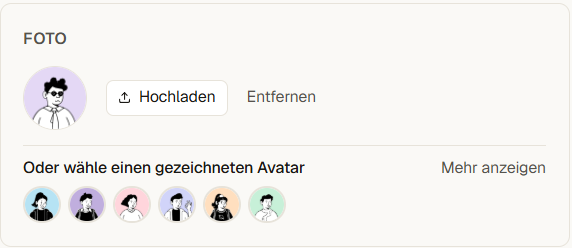 Foto-Upload und Auswahl gezeichneter Avatare im Profil