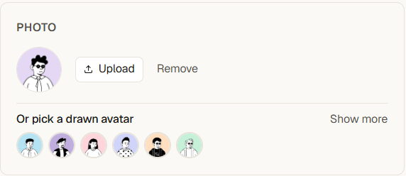 Profile photo upload and drawn avatar picker