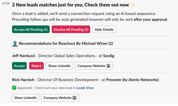 Slack notification showing new lead recommendations, with Accept, Reject, and details buttons for each lead.