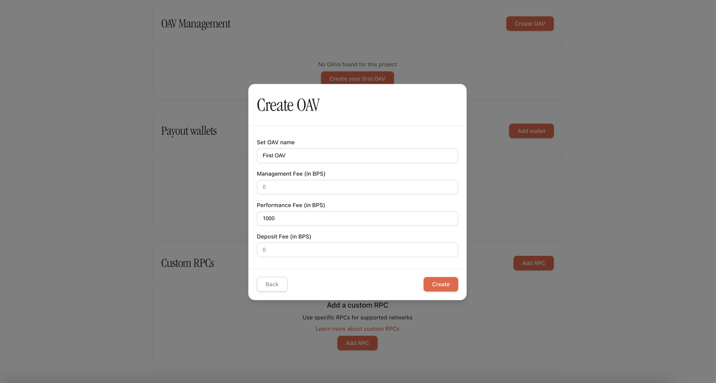 OAV configuration step with fields for the name and management, performance, and deposit fee inputs in basis points