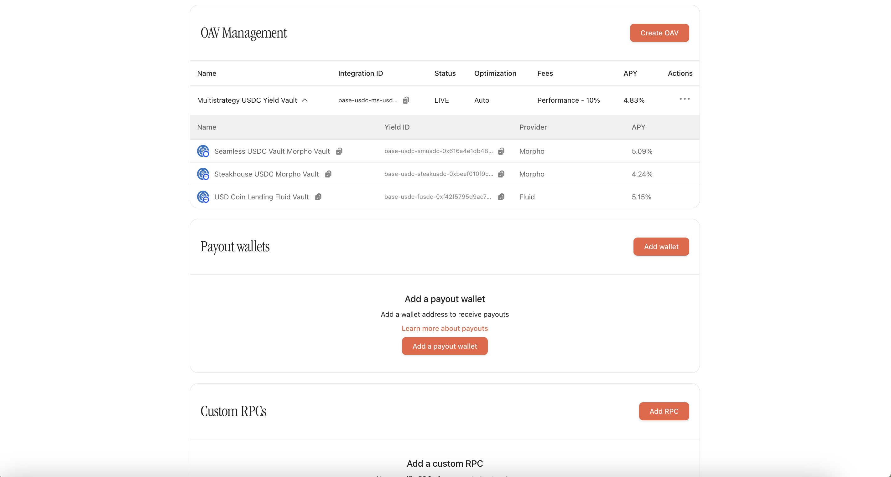 Allocator Vaults table row for a live Meta Vault with its status, optimization mode, fees, and APY