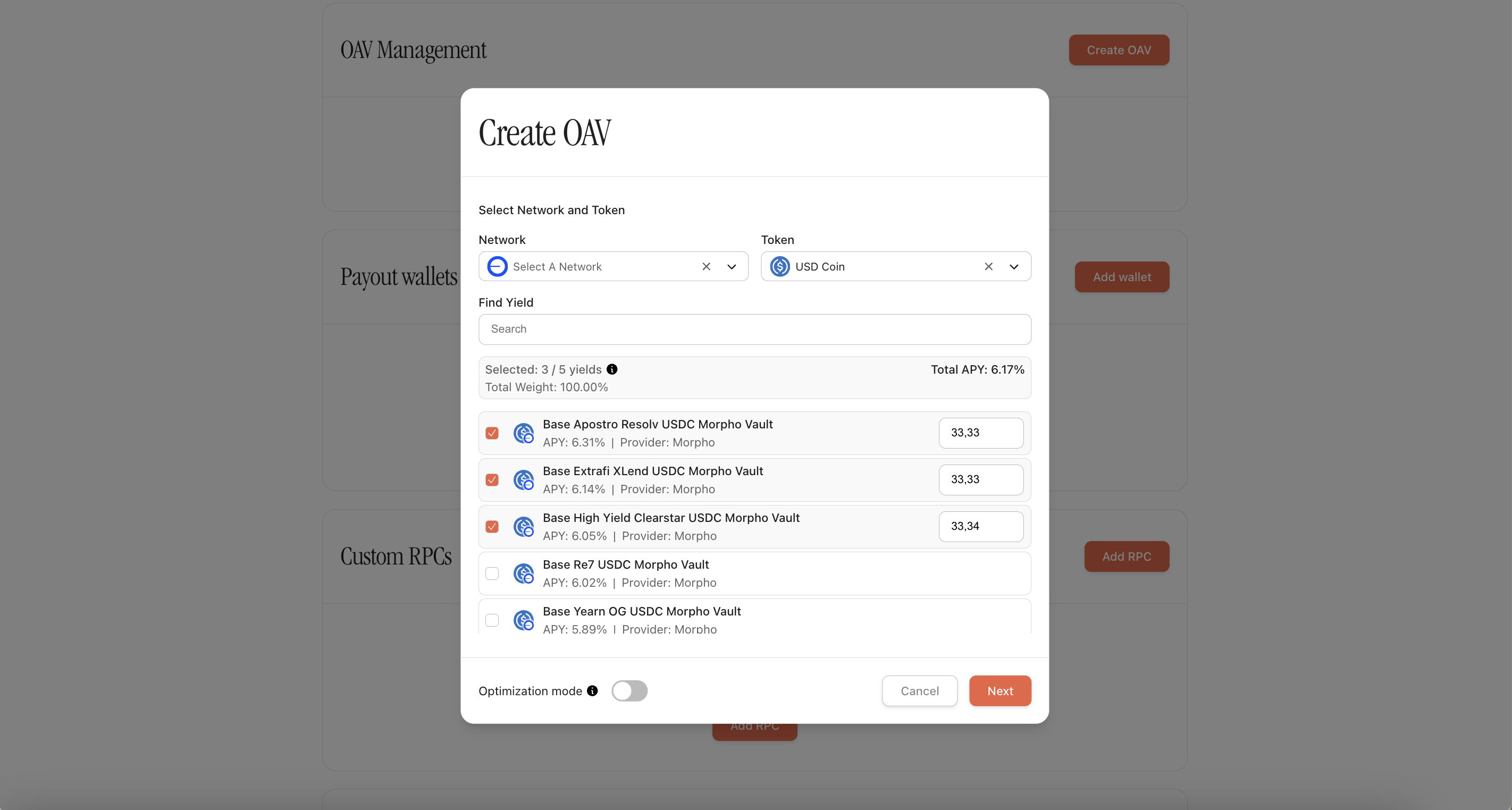 Selected yields and their weights in the OAV creation modal, with the optimization mode switch