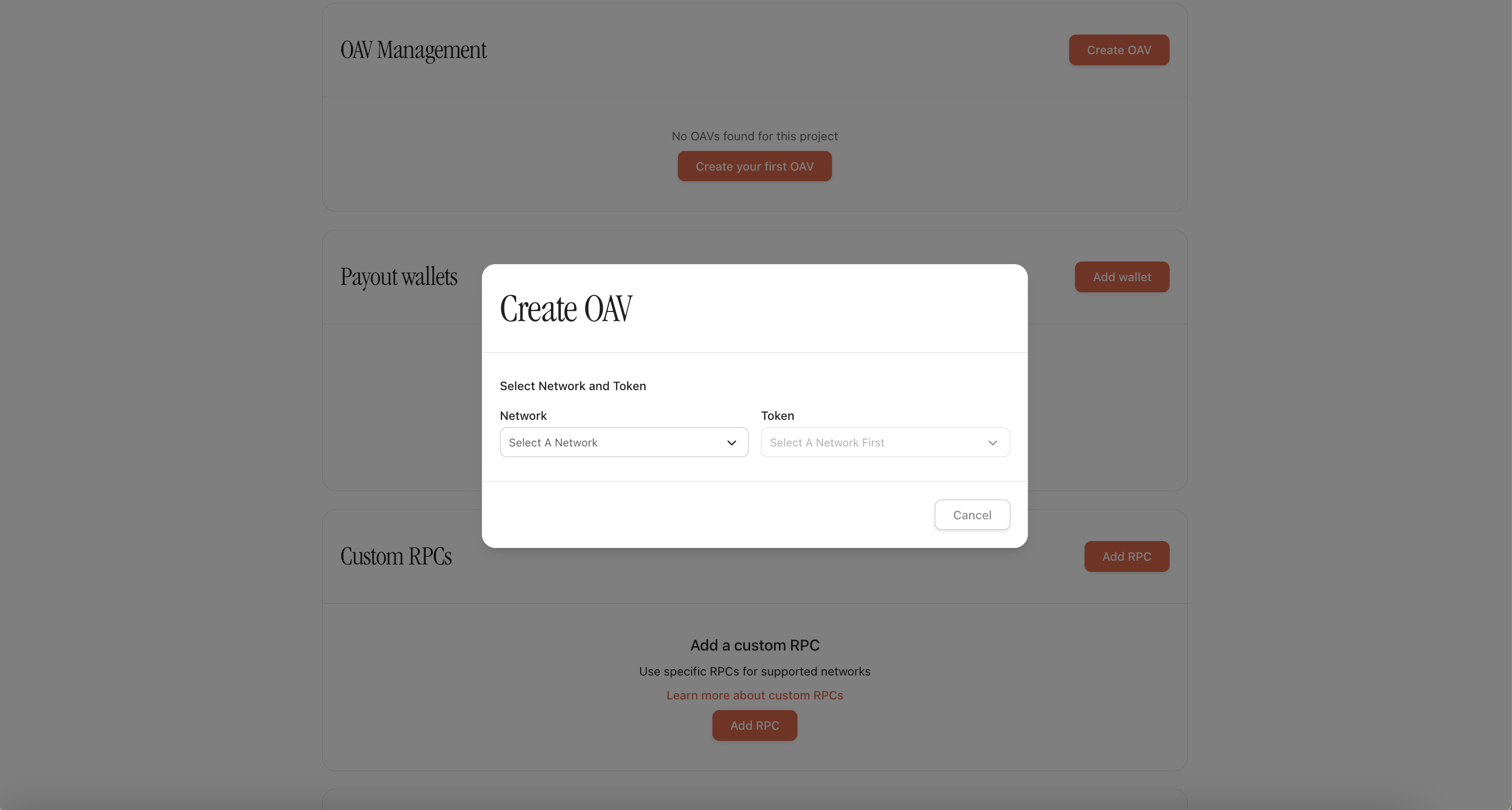 Network and token selection in the OAV creation modal