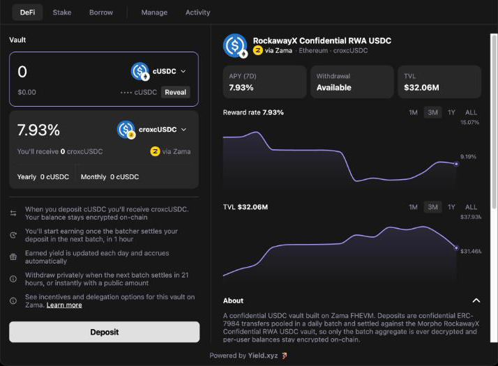 Widget Earn view of the RockawayX Confidential RWA USDC vault via Zama, with a masked cUSDC balance, a Reveal button, the batch and withdraw notes, and the Deposit button