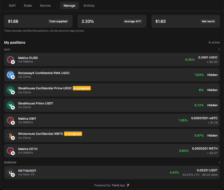 Widget Manage tab listing Zama positions with Hidden amounts next to other positions, and the note that totals exclude confidential positions