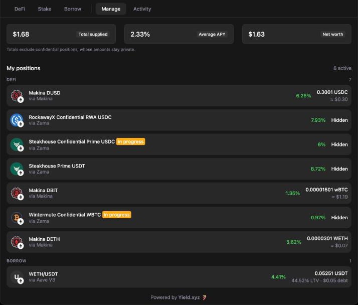 Widget Manage tab listing Zama positions with Hidden amounts next to other positions, and the note that totals exclude confidential positions