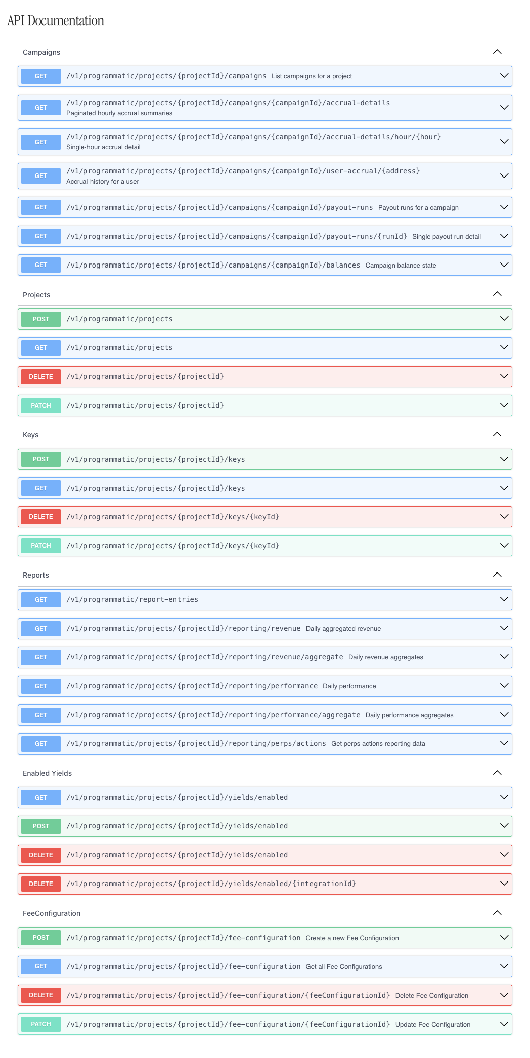 The API Documentation section of the Programmatic Access page, listing the programmatic routes by group