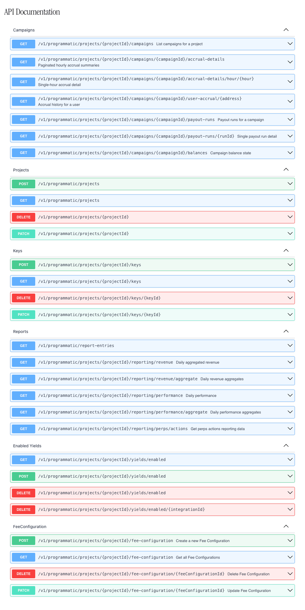 The API Documentation section of the Programmatic Access page, listing the programmatic routes by group
