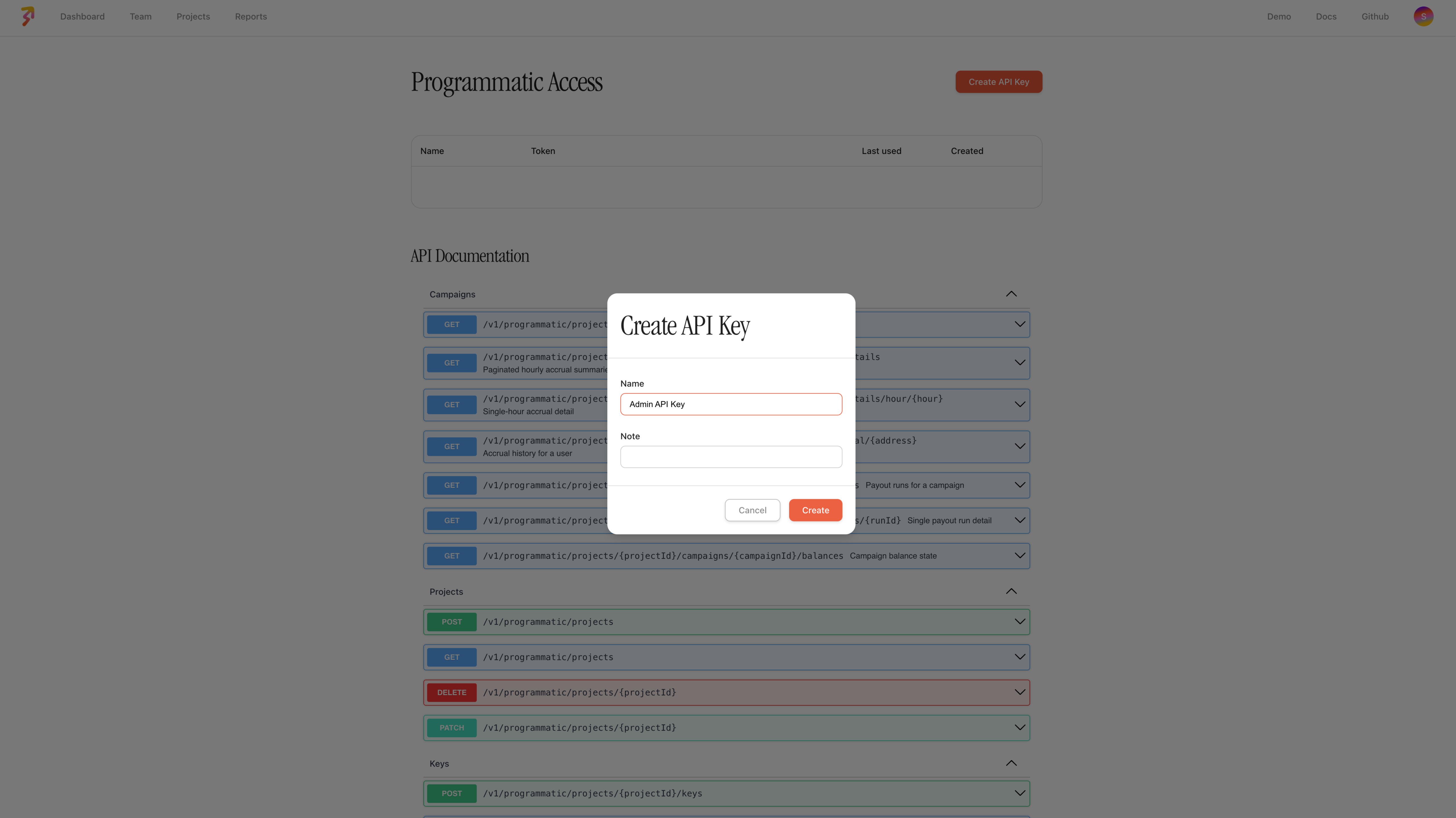 The Programmatic Access page with the Create API Key dialog open, showing the Name and Note fields