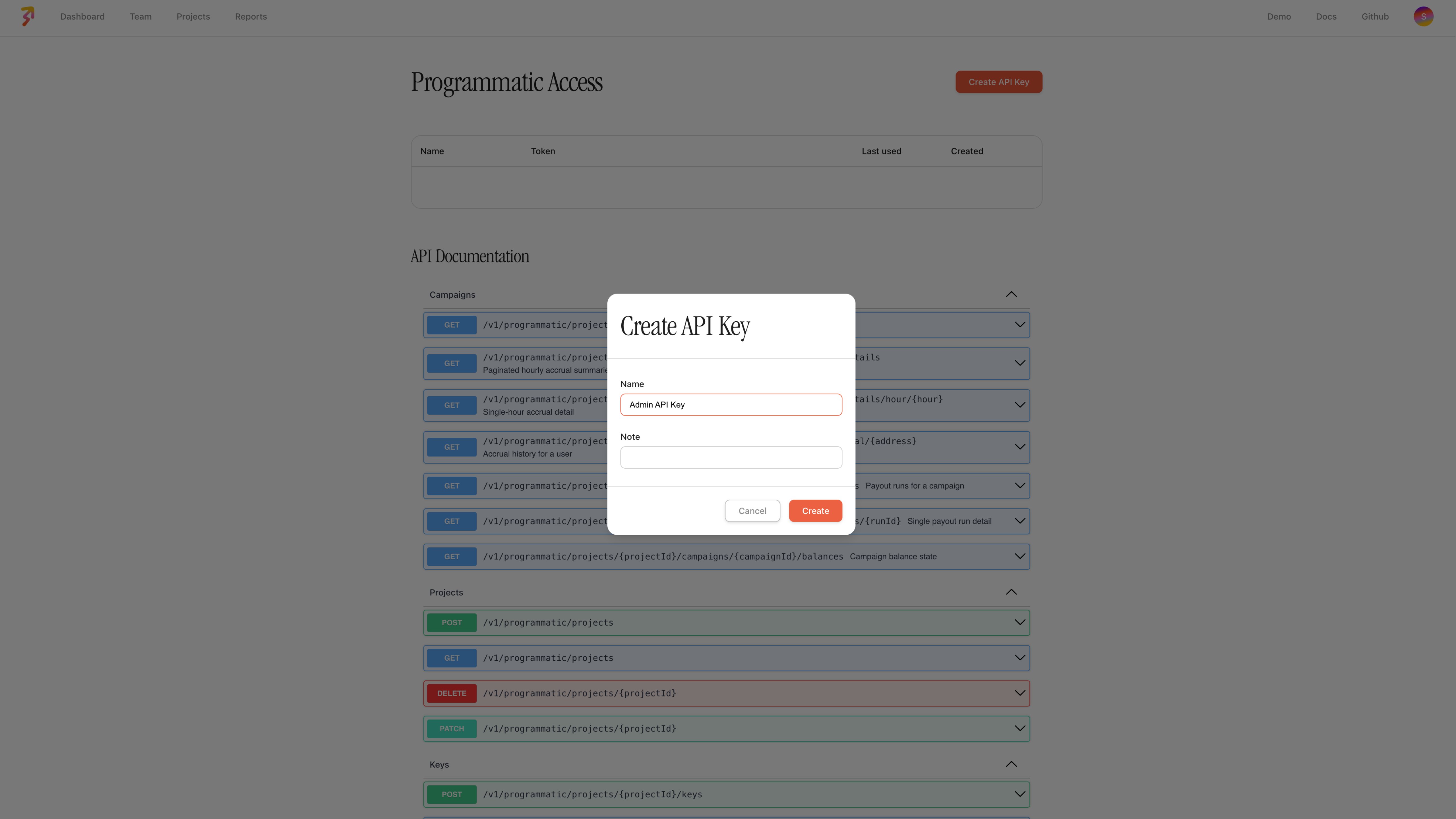 The Programmatic Access page with the Create API Key dialog open, showing the Name and Note fields