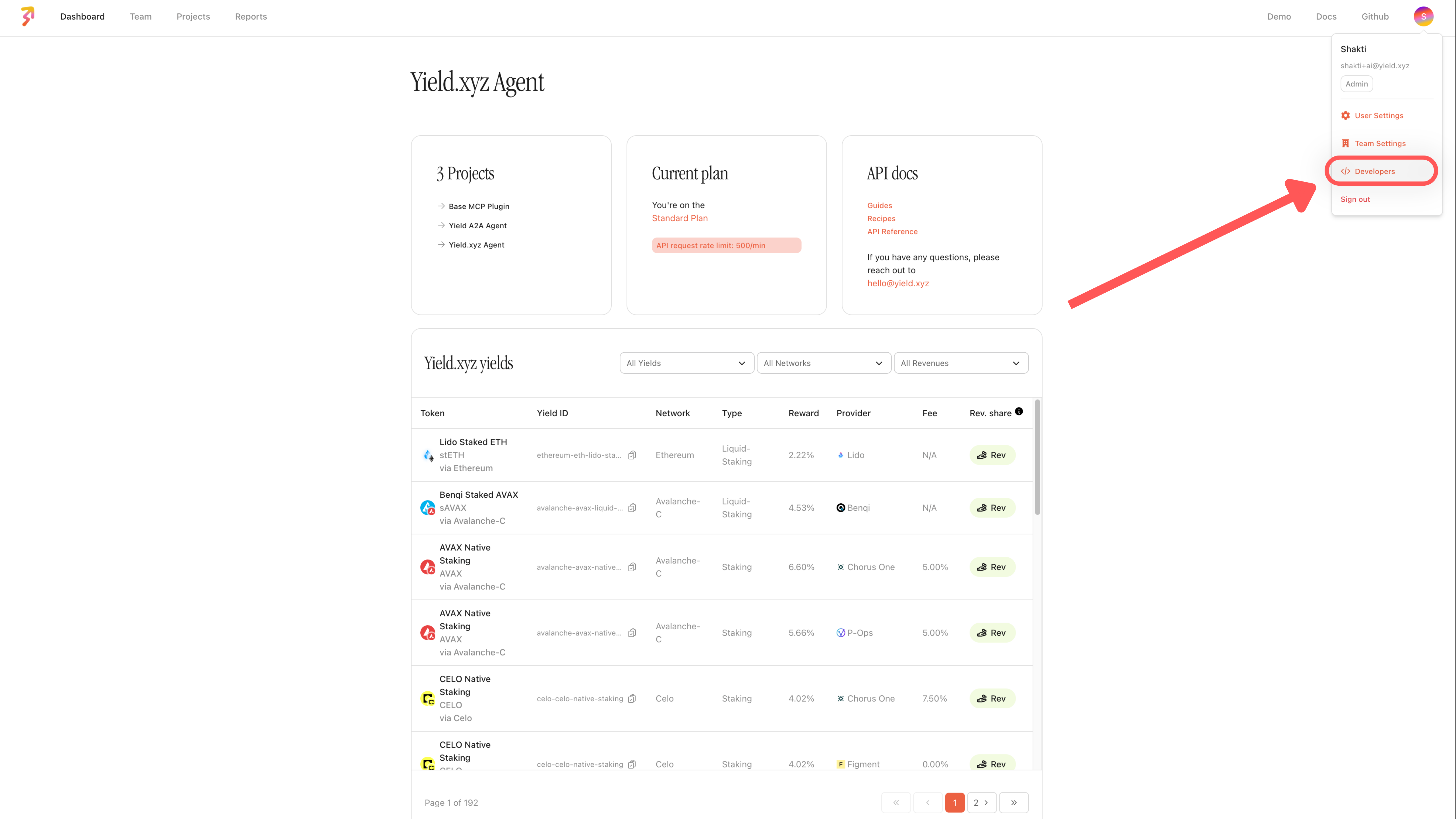 The dashboard home page with the account menu open in the top-right corner and Developers highlighted