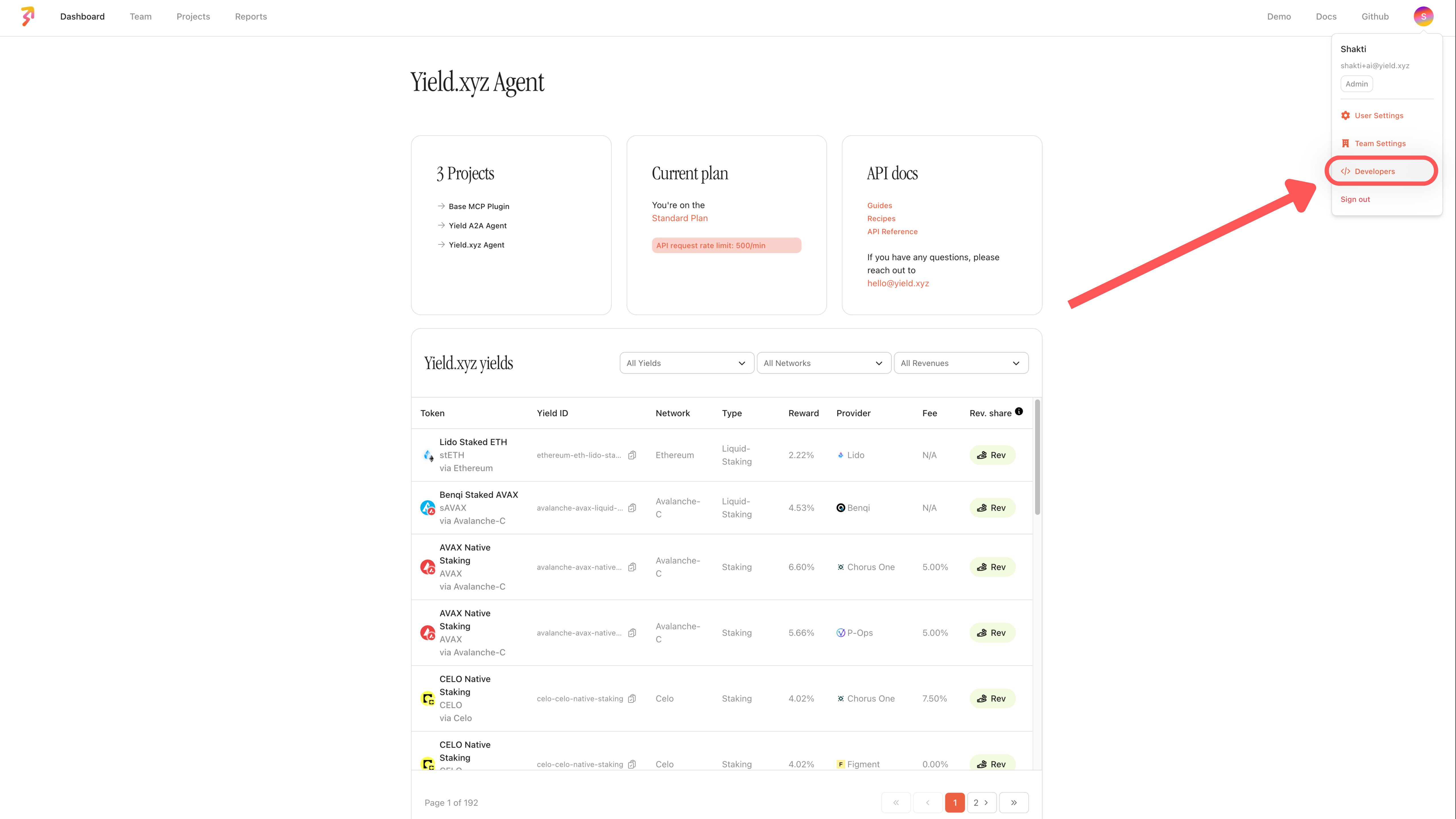 The dashboard home page with the account menu open in the top-right corner and Developers highlighted