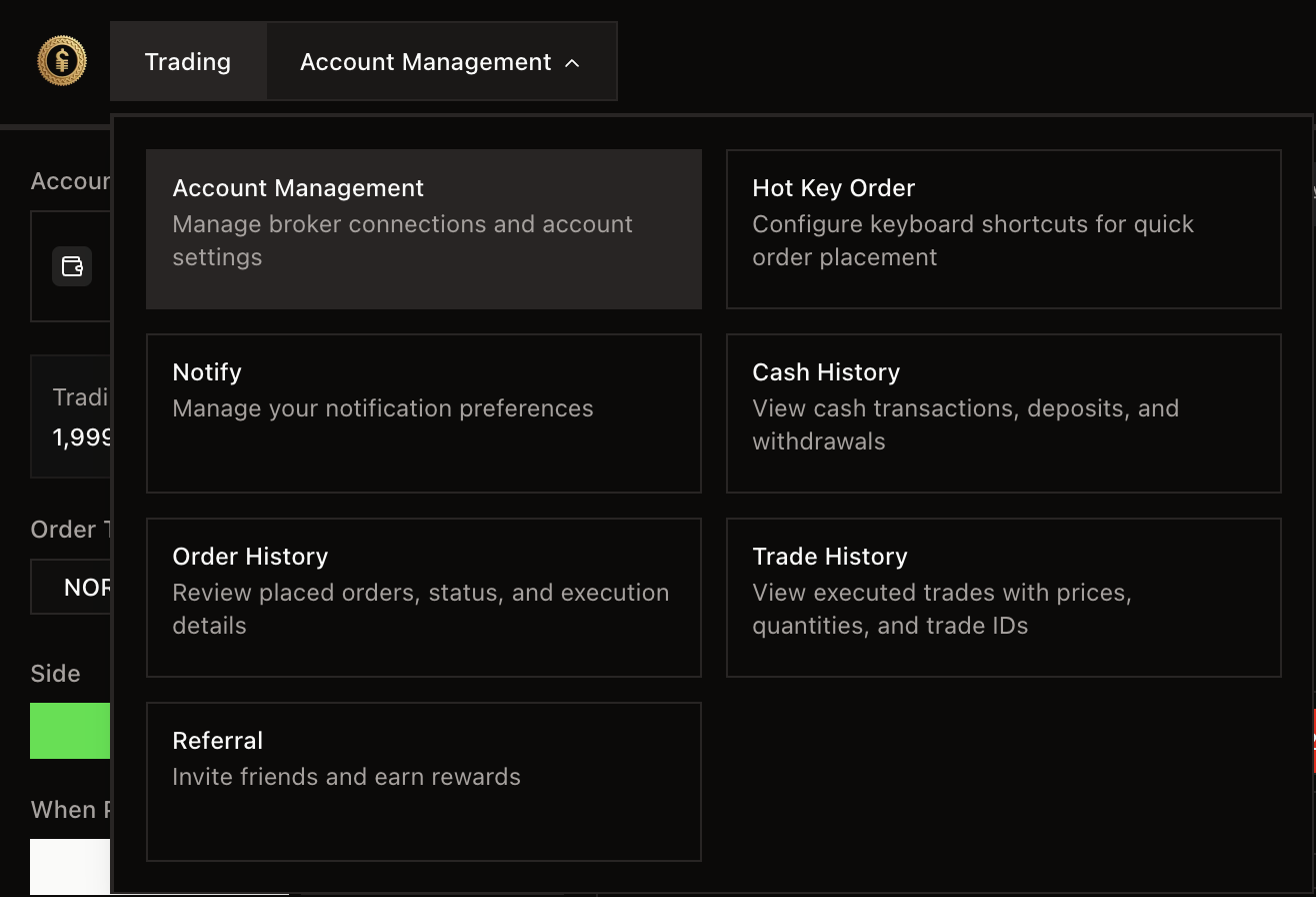 Menu Quản lý tài khoản