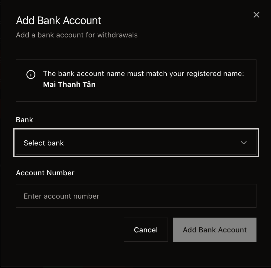 Hộp thoại thêm tài khoản ngân hàng