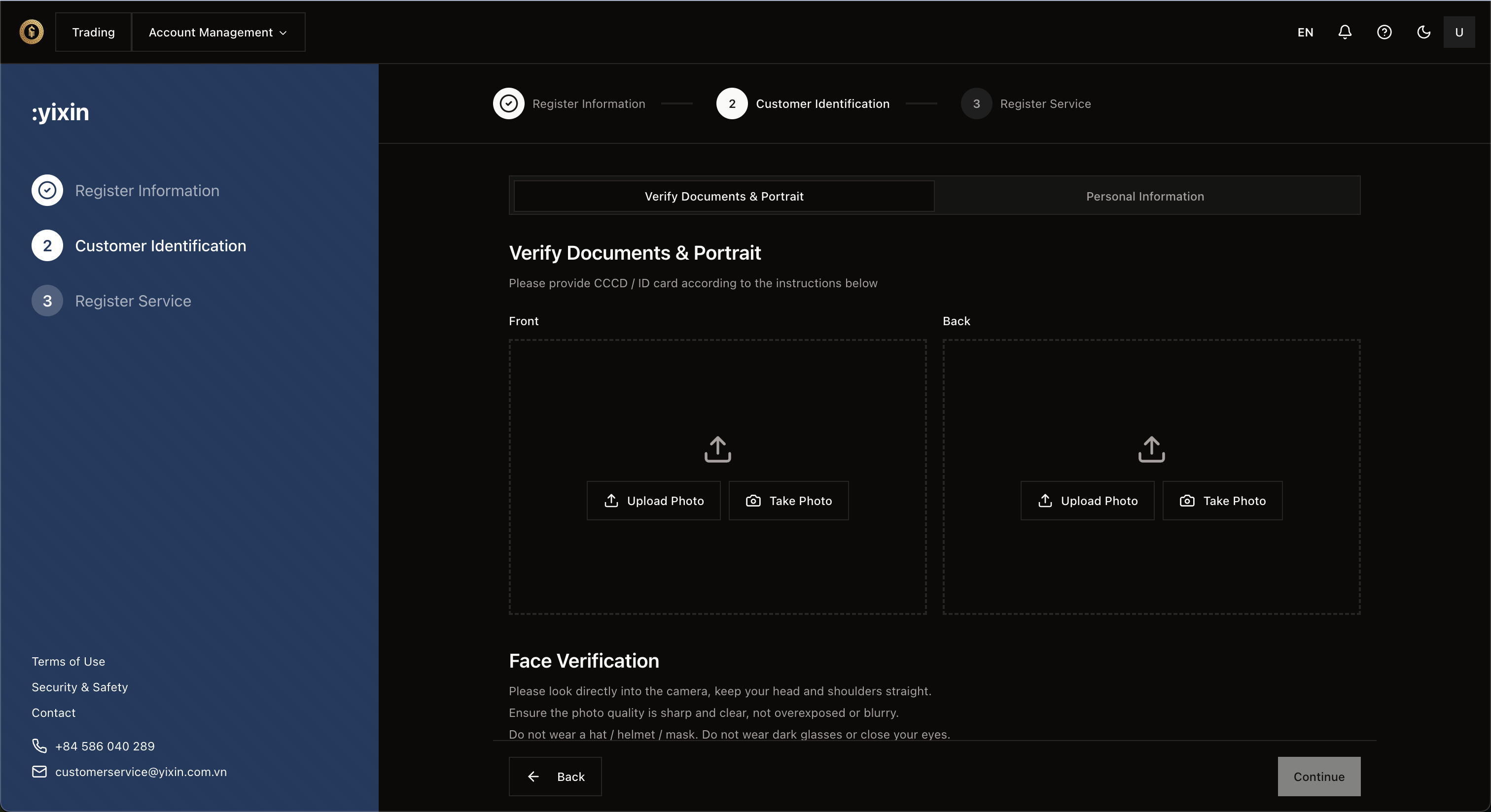 Trang xác thực danh tính khách hàng