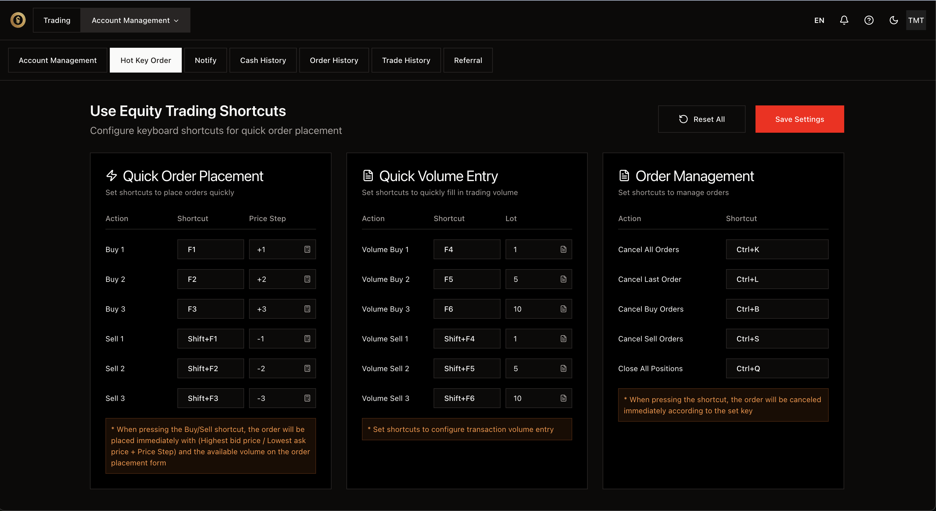 Trang cấu hình phím tắt
