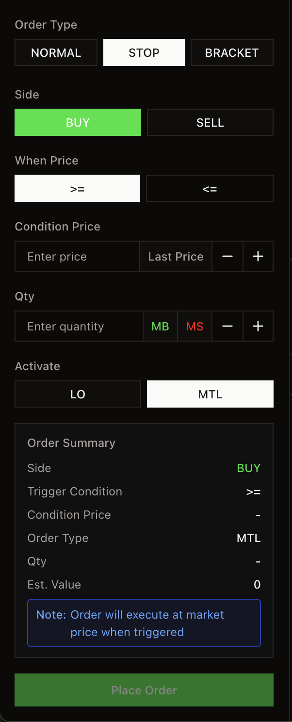 Form đặt lệnh NORMAL với MTL