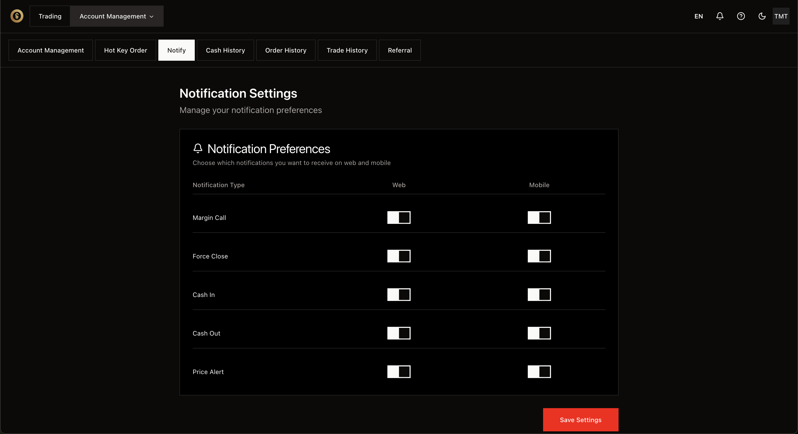 Trang cài đặt thông báo