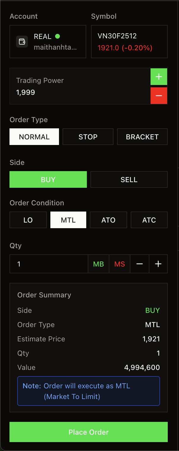 Form đặt lệnh với Order Summary