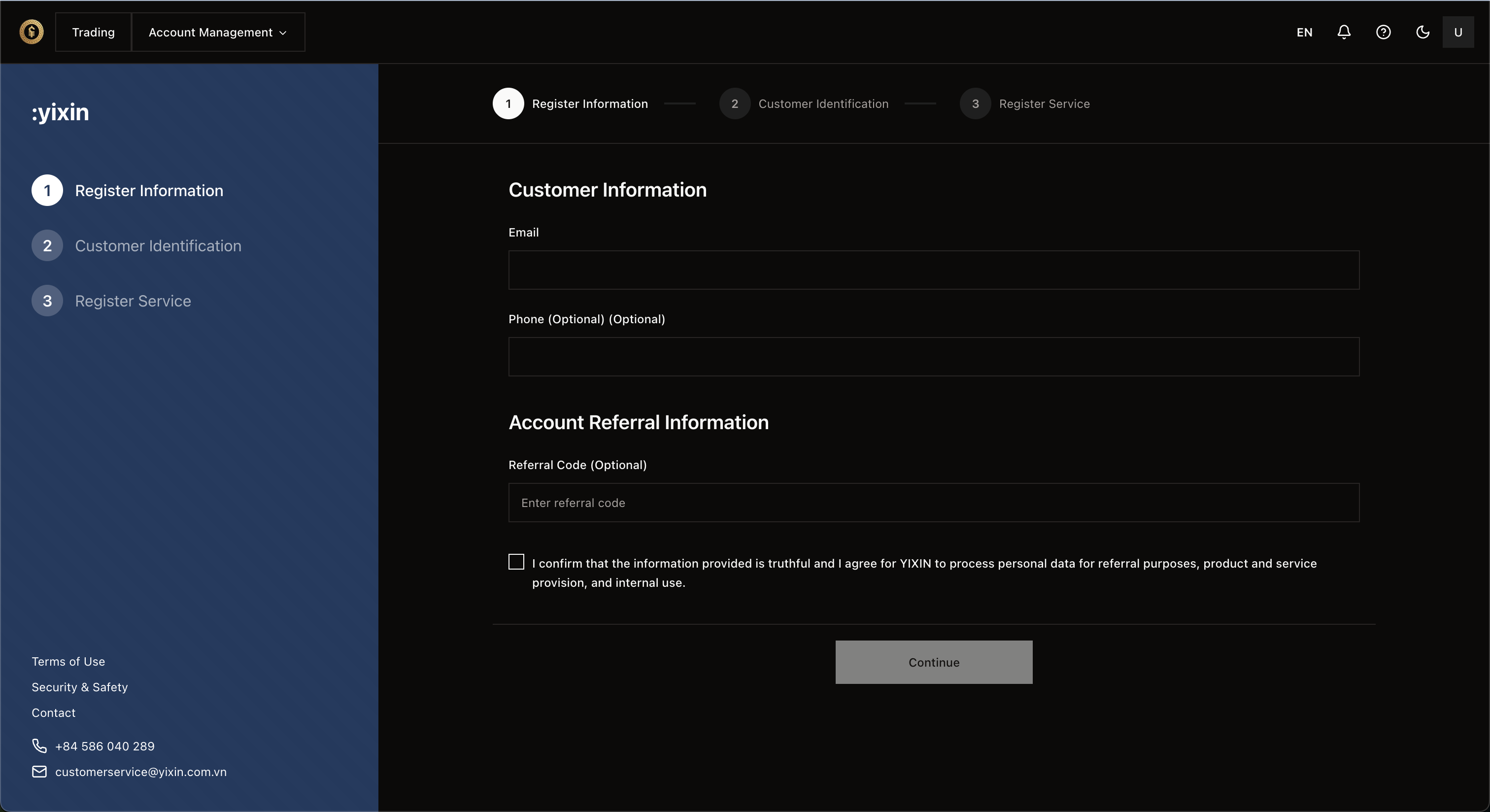Trang đăng ký thông tin cơ bản - Bước 1