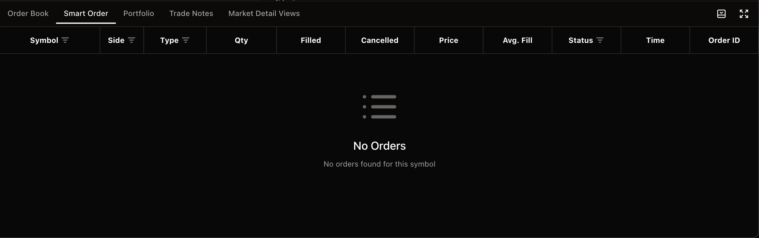 Tab Smart Order khi chưa có lệnh