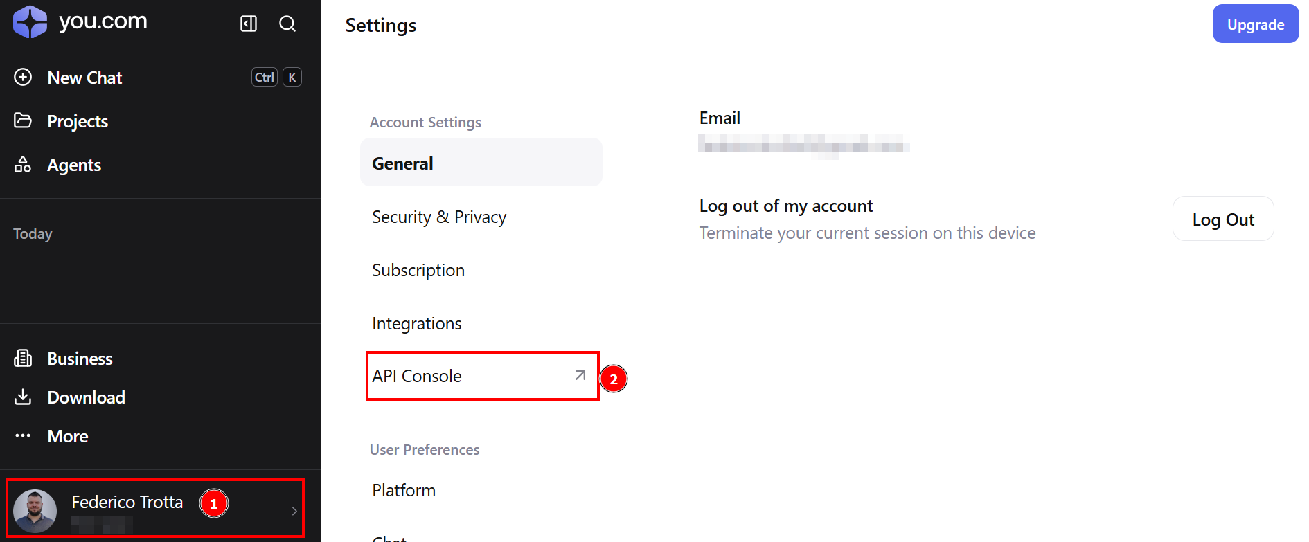 Going to the API console in you.com