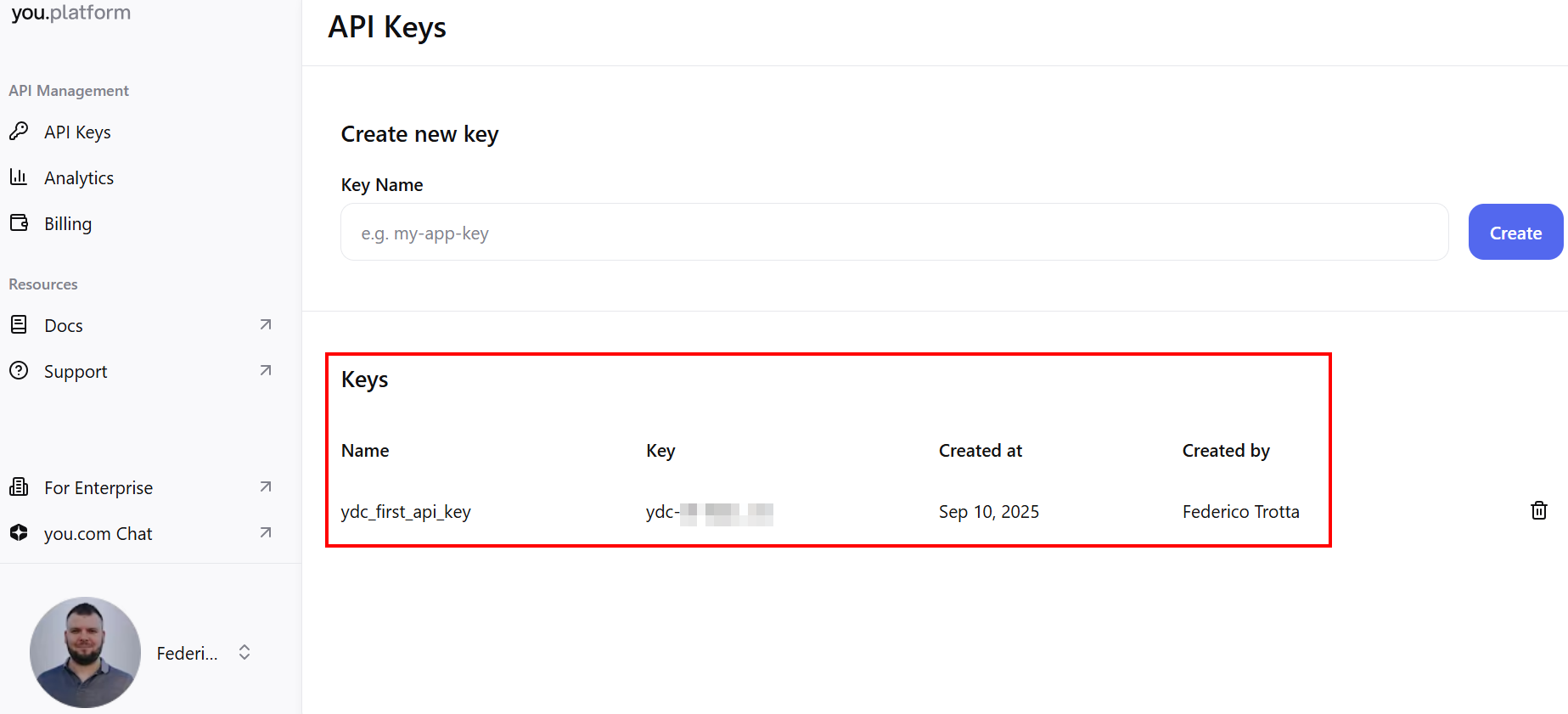 Creating a new API key in you.com