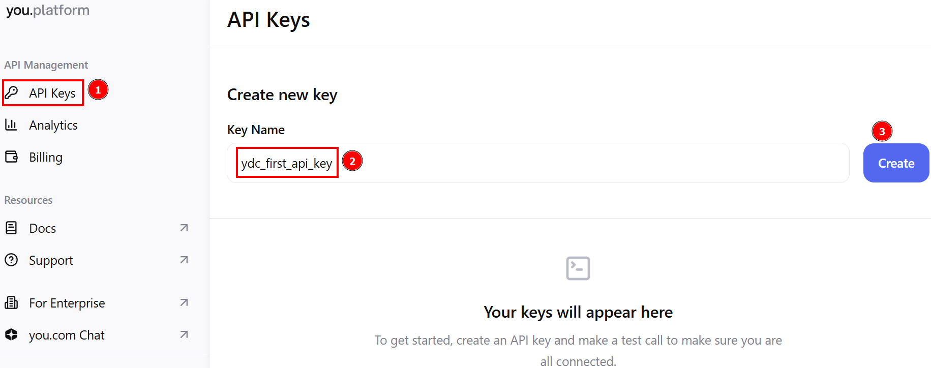 Creating a new API key in you.com