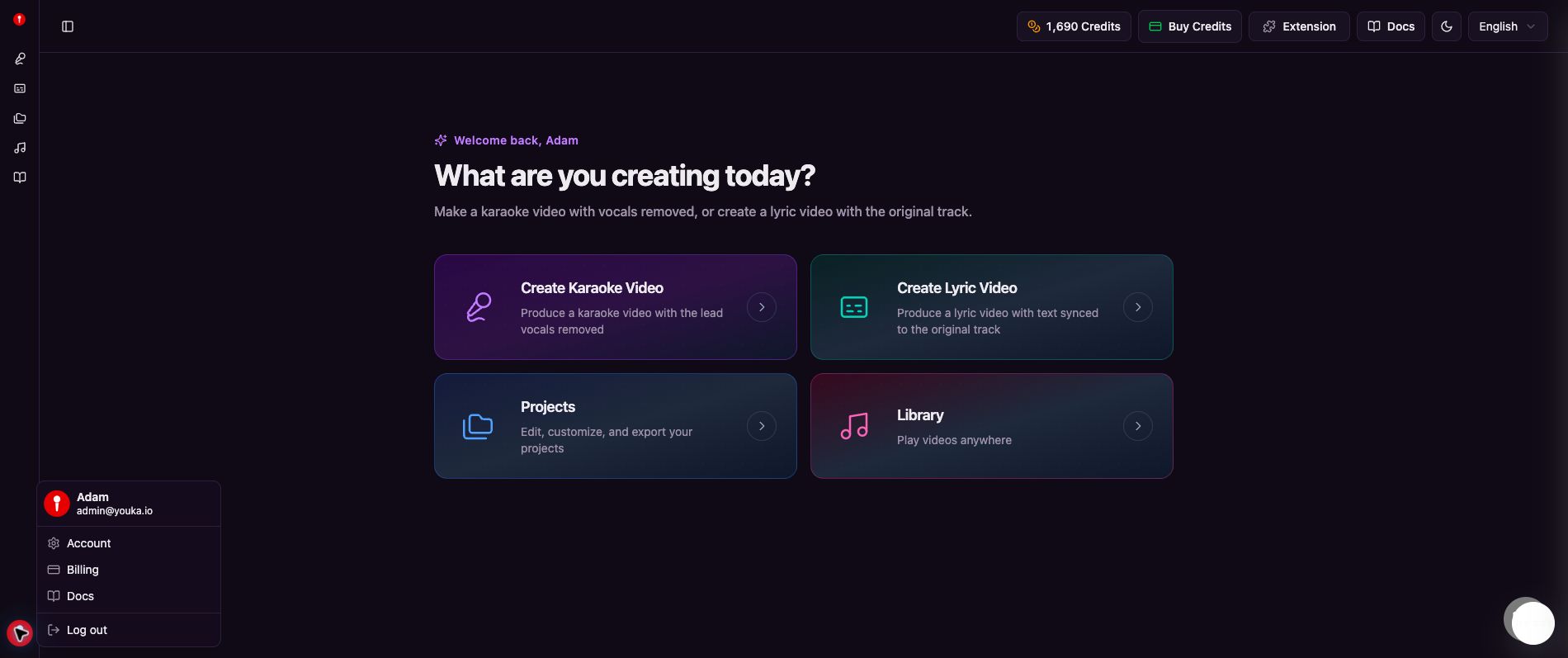 Das Profilmenü in Youka Online, mit Billing unter Account
