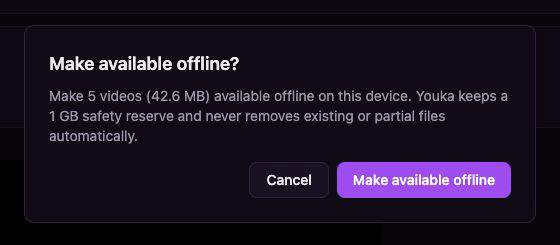 The Make available offline confirmation with video count, storage size, and safety reserve