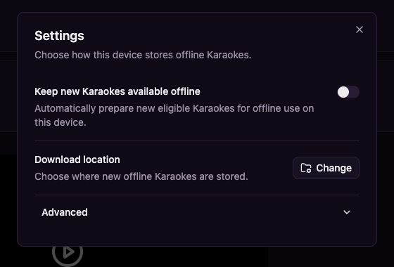Library settings with Keep new Karaokes available offline and Download location