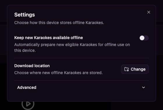 Library settings with Keep new Karaokes available offline and Download location