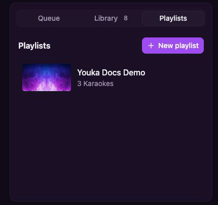علامة تبويب Playlists تعرض قائمة تشغيل Youka Docs Demo