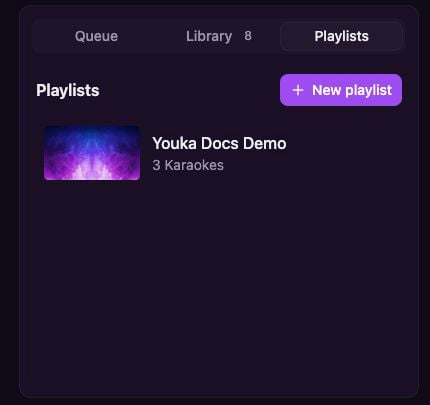 علامة تبويب Playlists تعرض قائمة تشغيل Youka Docs Demo