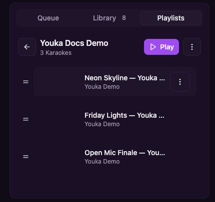 قائمة تشغيل Youka Docs Demo التي تحتوي على ثلاثة Karaokes تجريبية أصلية