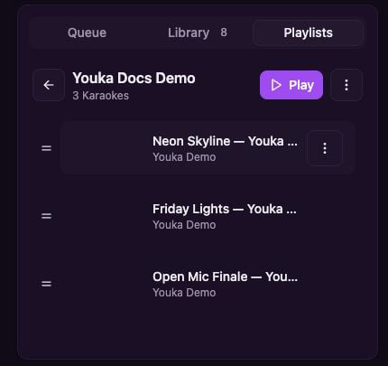 قائمة تشغيل Youka Docs Demo التي تحتوي على ثلاثة Karaokes تجريبية أصلية