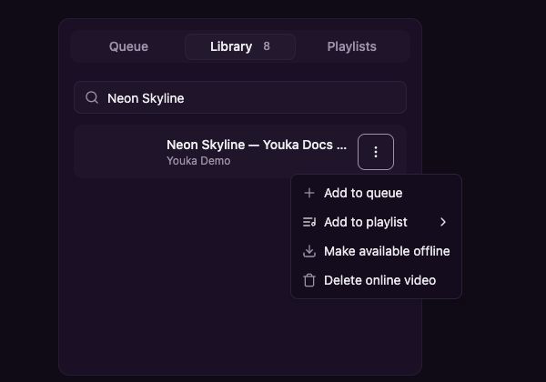عنصر Library من Youka Docs Demo مع إجراء Add to playlist