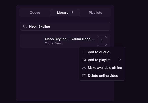 عنصر Library من Youka Docs Demo مع إجراء Add to playlist
