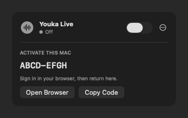 Youka Live zeigt einen Geräteaktivierungscode mit den Schaltflächen Open Browser und Copy Code