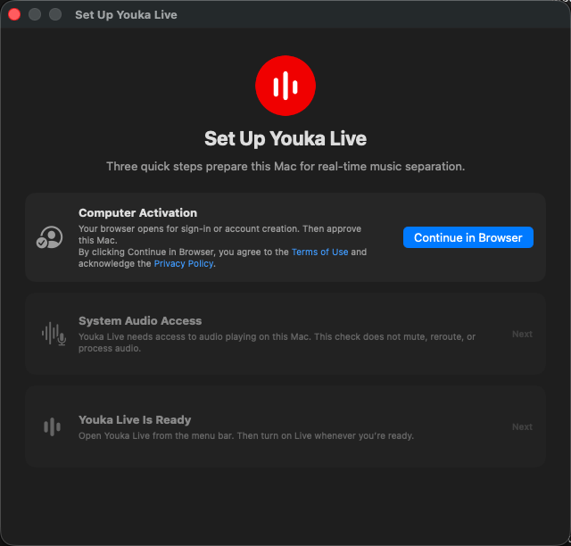 نافذة إعداد Youka Live التي تعرض Computer Activation وSystem Audio Access وOpen Youka Live