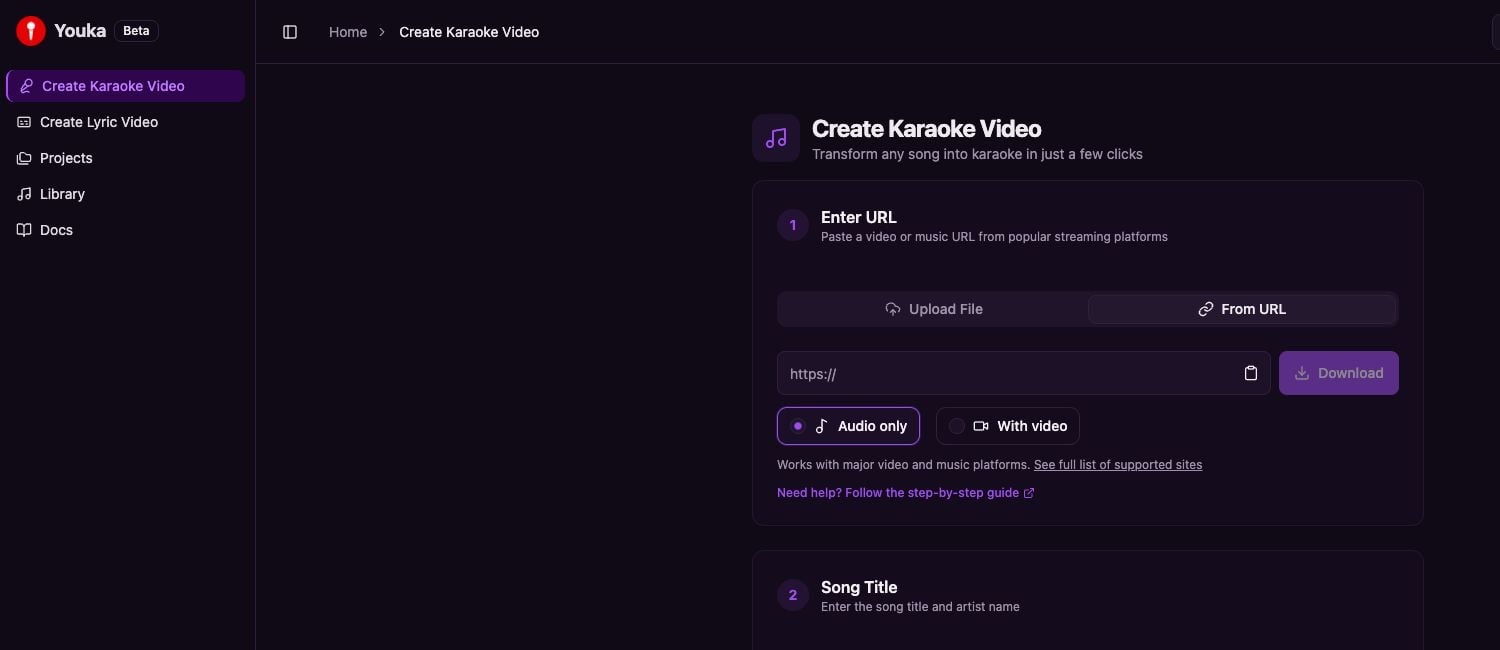 Youka Online с выделенным Create Karaoke Video на боковой панели и выбранным From URL
