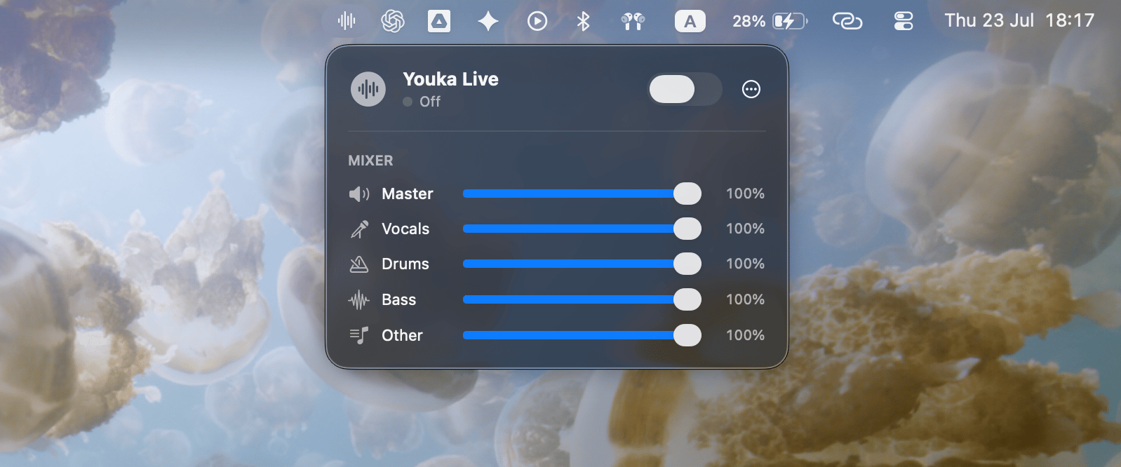Das Youka Live-Wellenform-Symbol in der macOS-Menüleiste mit geöffnetem Mixer